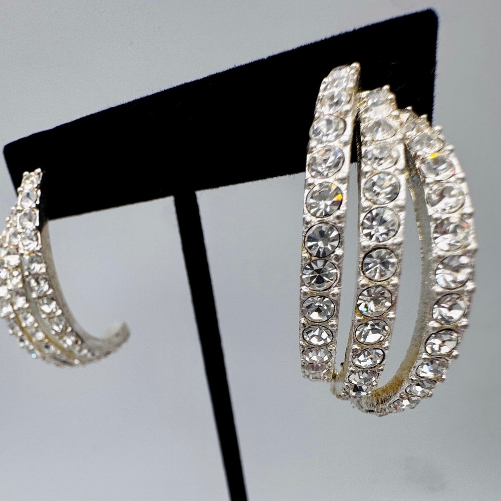 Sparkly Triple Tier Cascading Hoop Dangle Earring Clear Crystal Silver Statement